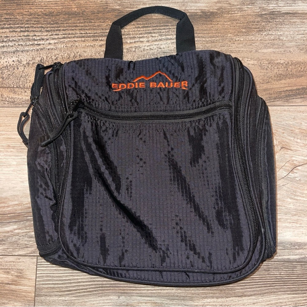 Vintage Eddie Bauer Travel Dopp Bag Black Embroidered Logo Hanging Toiletry Bag